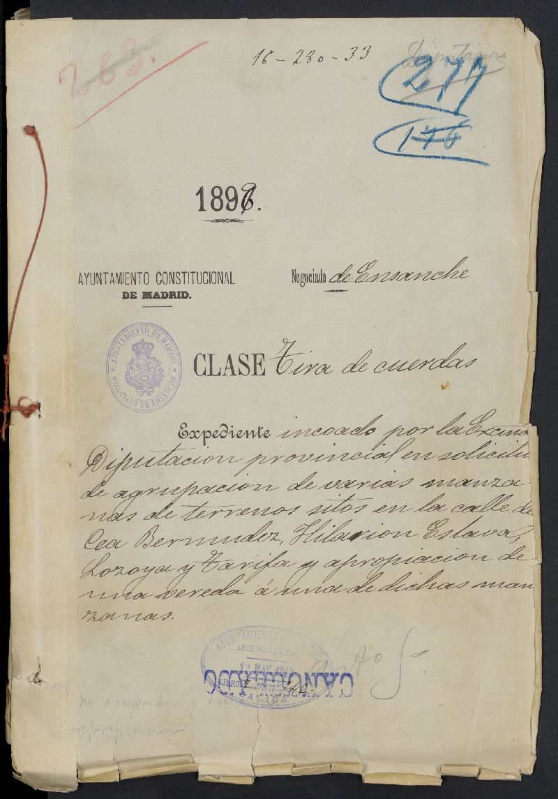 Expediente incoado por la Diputacin provincial en solicitud de agrupacin de varias manzanas de terrenos sitos en la calle Cea Bermdez, Hilarin Eslava, Lozoya y Tarifa y apropiacin de vereda, para la construccin de Hospital para epidemias, conocido como Hospital para epidemias del Cerro del Pimiento. Contiene el proyecto de construccin del mismo.
