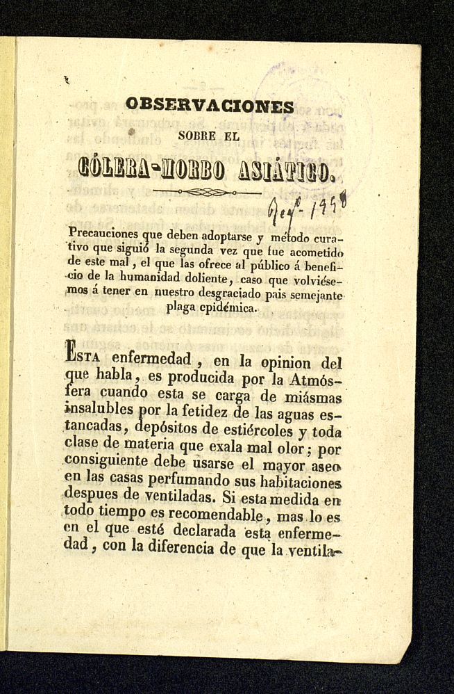 Observaciones sobre el clera-morbo asitico