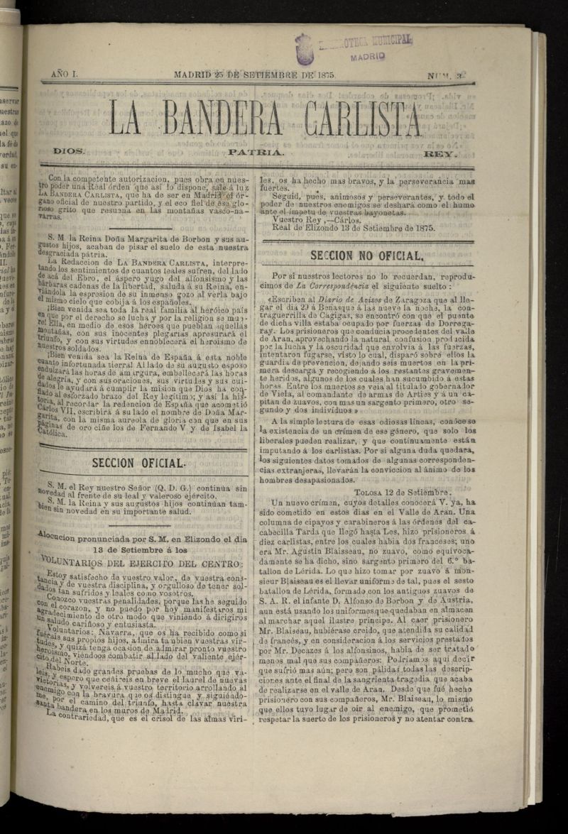 La Bandera Carlista: Dios, patria, rey del 25 de septiembre de 1875