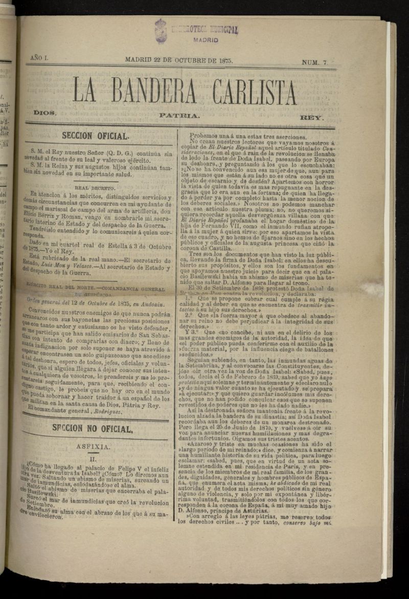 La Bandera Carlista: Dios, patria, rey del 22 de octubre de 1875