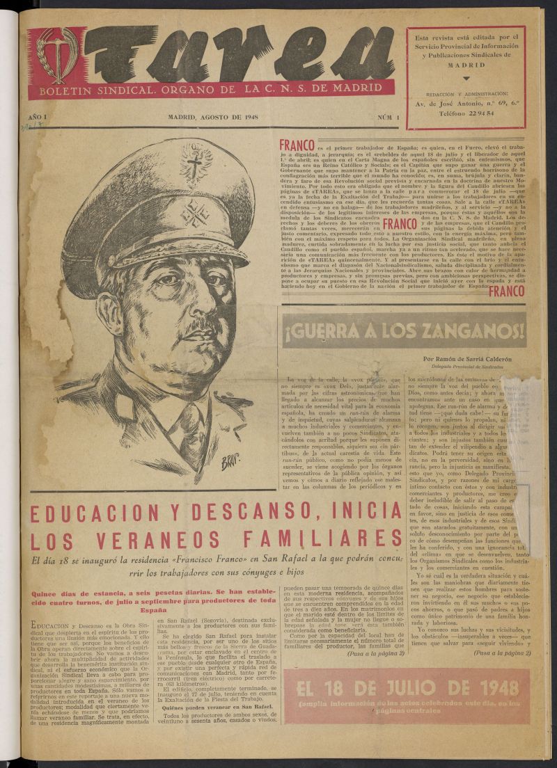 Tarea: boletn sindical, rgano de la CNS de Madrid de agosto de 1948