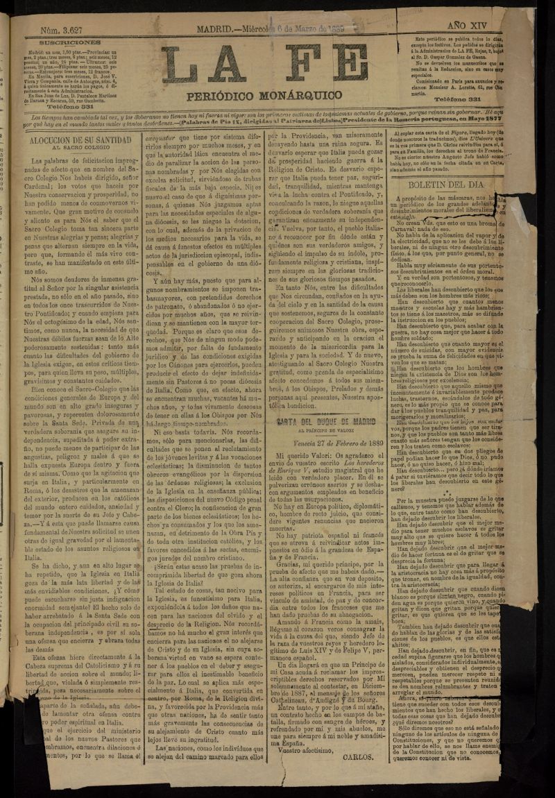 La Fe: peridico monrquico del 6 de marzo de 1889