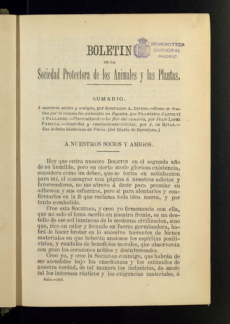 Boletn de la Sociedad Protectora de los Animales y las plantas de Cdiz de julio de 1875