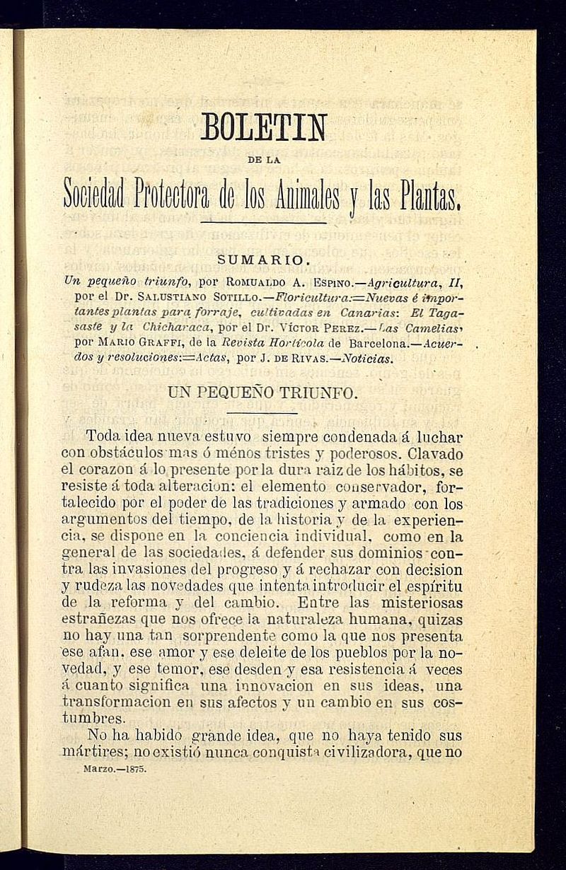 Boletn de la Sociedad Protectora de los Animales y las plantas de Cdiz de marzo de 1875
