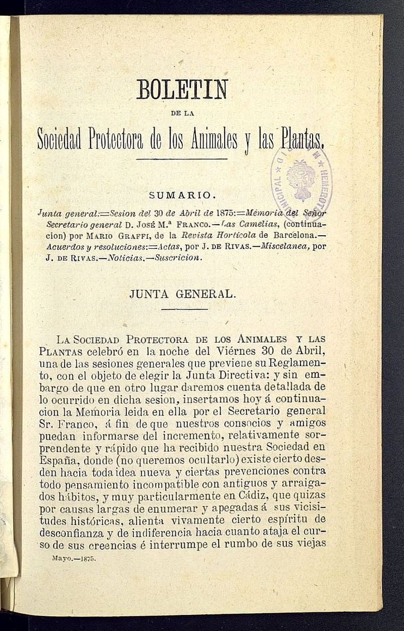 Boletn de la Sociedad Protectora de los Animales y las plantas de Cdiz de mayo de 1875