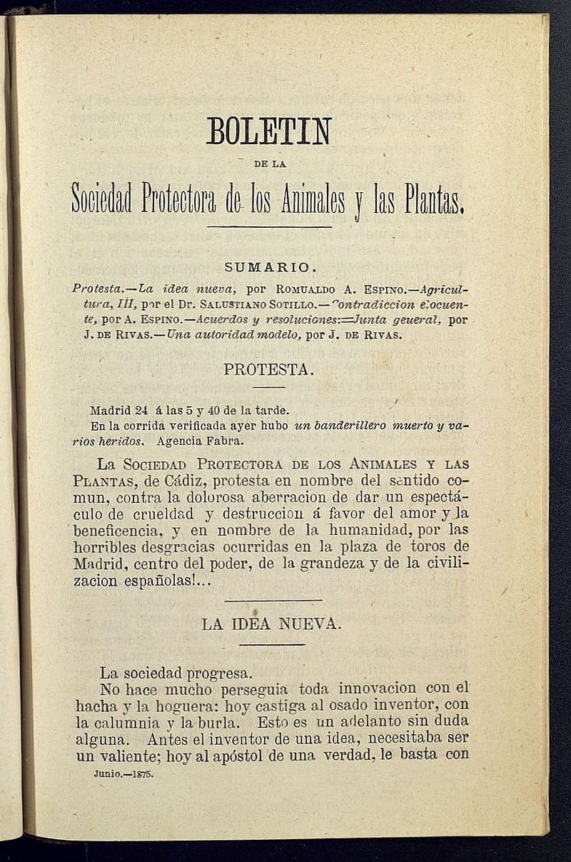 Boletn de la Sociedad Protectora de los Animales y las plantas de Cdiz de junio de 1875