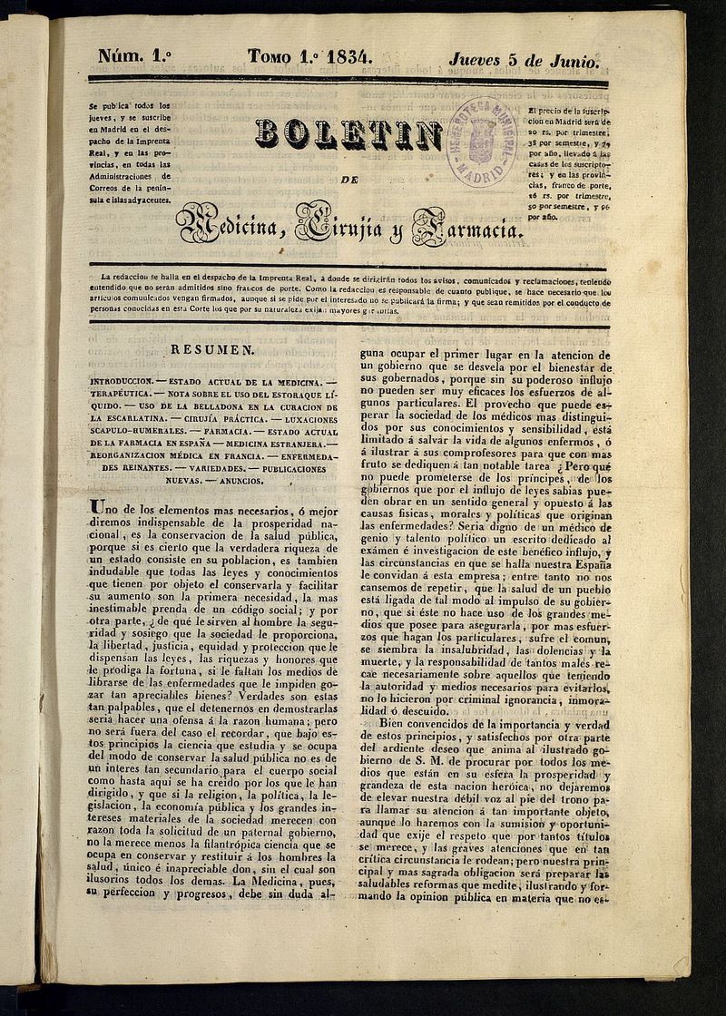 Boletn de Medicina, Ciruga y Farmacia del 5 de junio de 1834