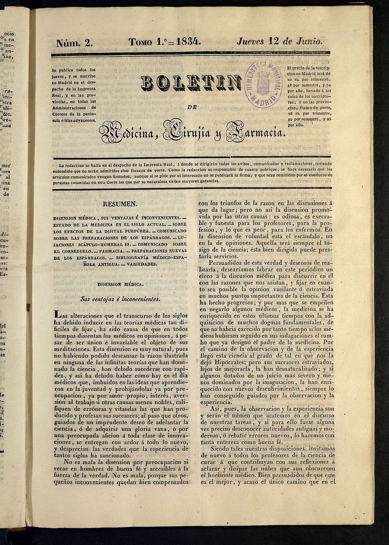 Boletn de Medicina, Ciruga y Farmacia del 12 de junio de 1834