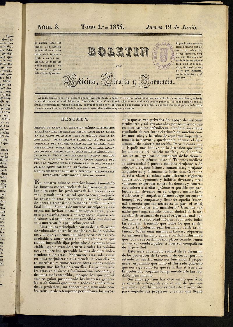 Boletn de Medicina, Ciruga y Farmacia del 19 de junio de 1834