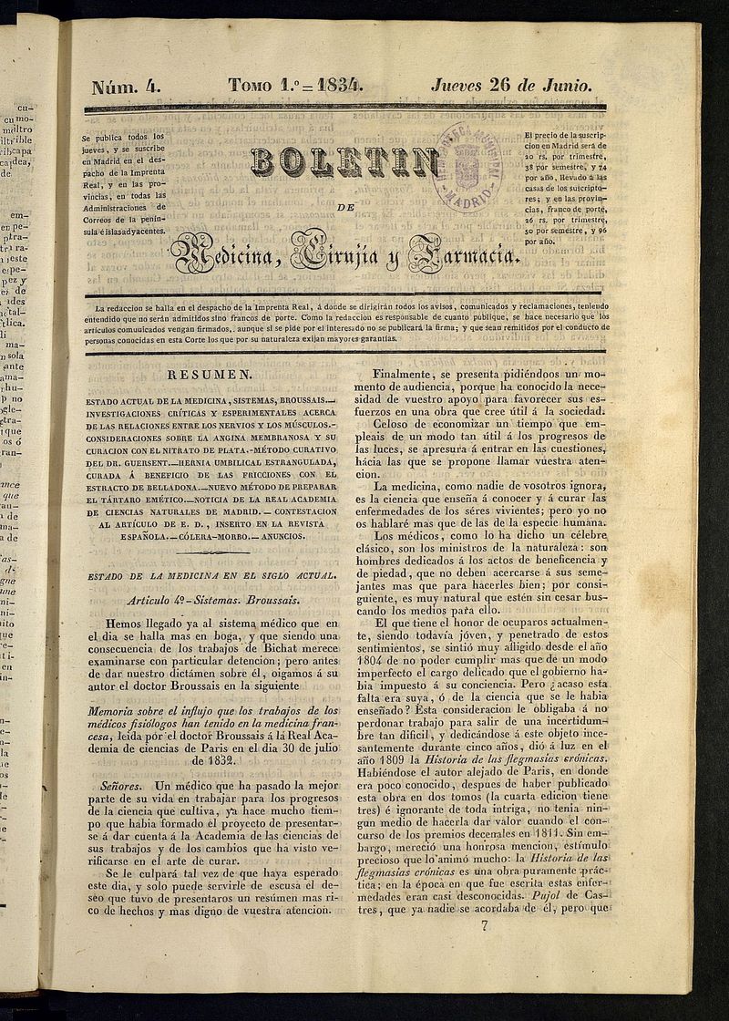 Boletn de Medicina, Ciruga y Farmacia del 26 de junio de 1834