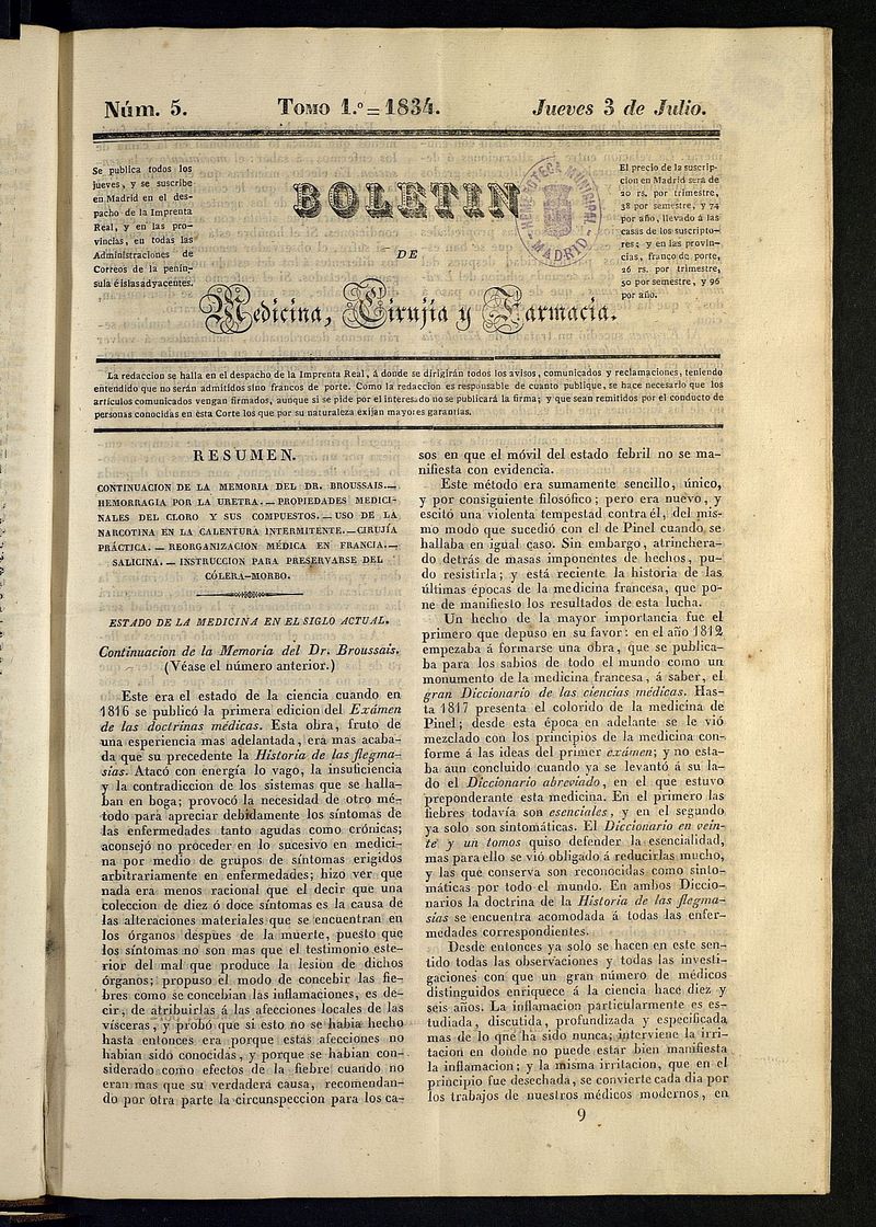 Boletn de Medicina, Ciruga y Farmacia del 3 de julio de 1834