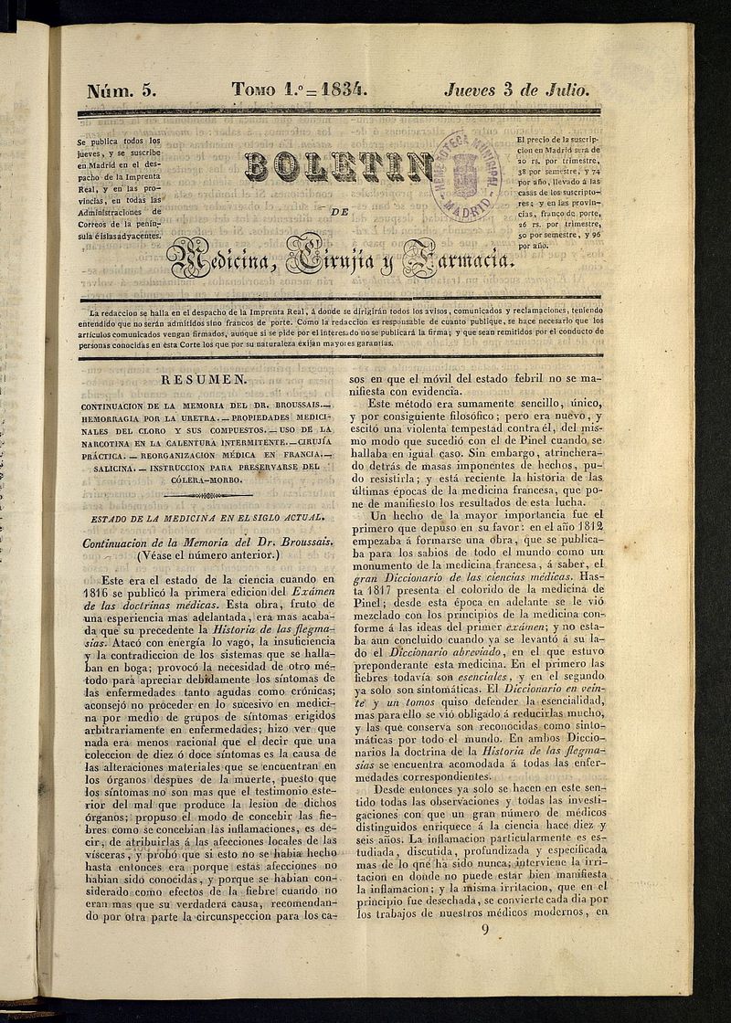 Boletn de Medicina, Ciruga y Farmacia del 3 de julio de 1834