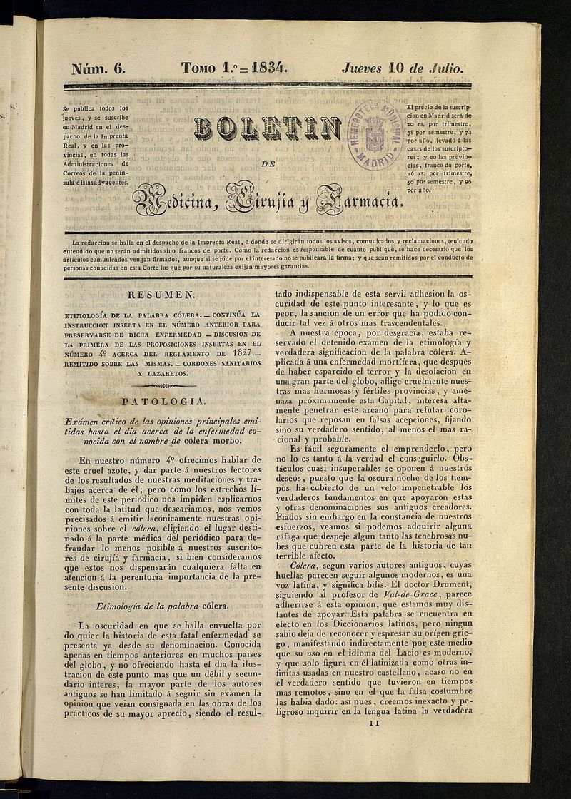 Boletn de Medicina, Ciruga y Farmacia del 10 de julio de 1834