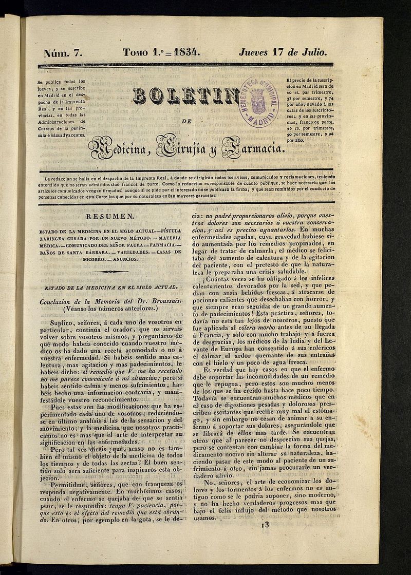 Boletn de Medicina, Ciruga y Farmacia del 17 de julio de 1834