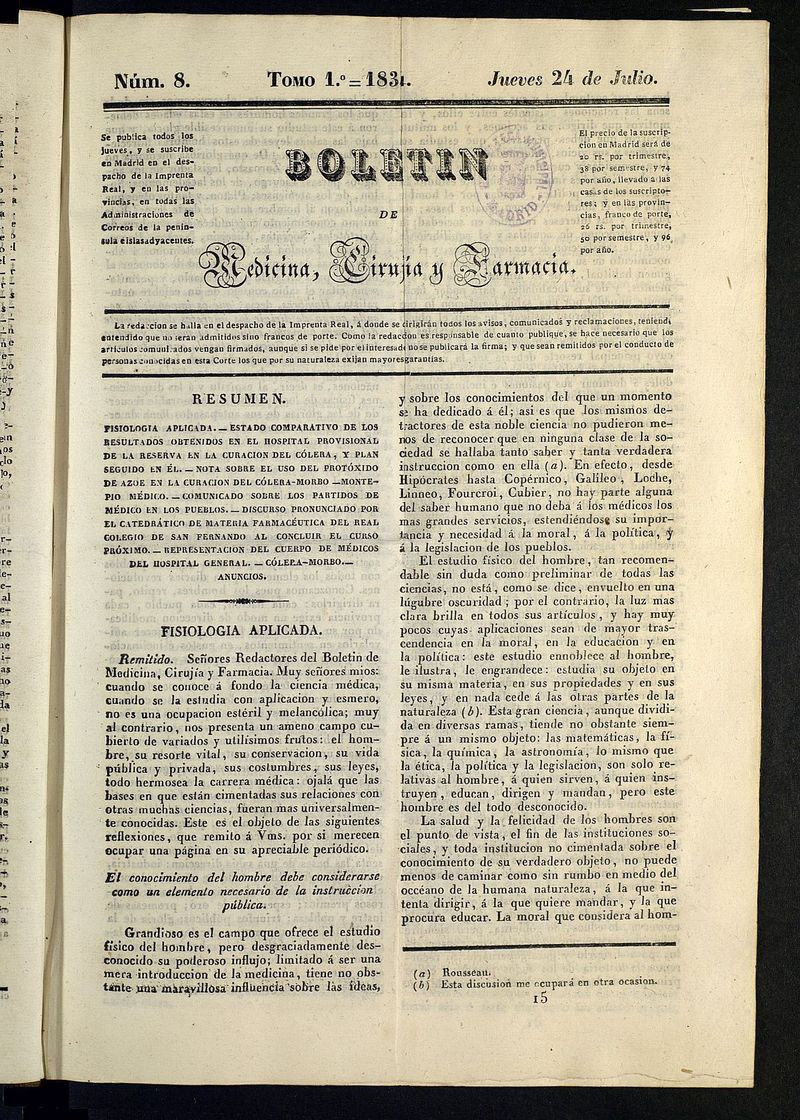 Boletn de Medicina, Ciruga y Farmacia del 24 de julio de 1834