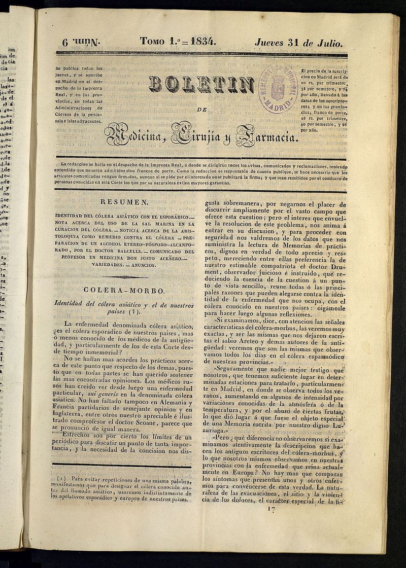 Boletn de Medicina, Ciruga y Farmacia del 31 de julio de 1834