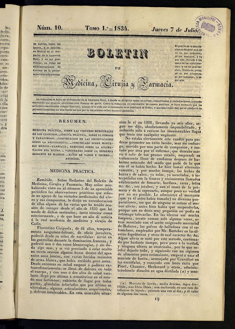 Boletn de Medicina, Ciruga y Farmacia del 7 de julio de 1834