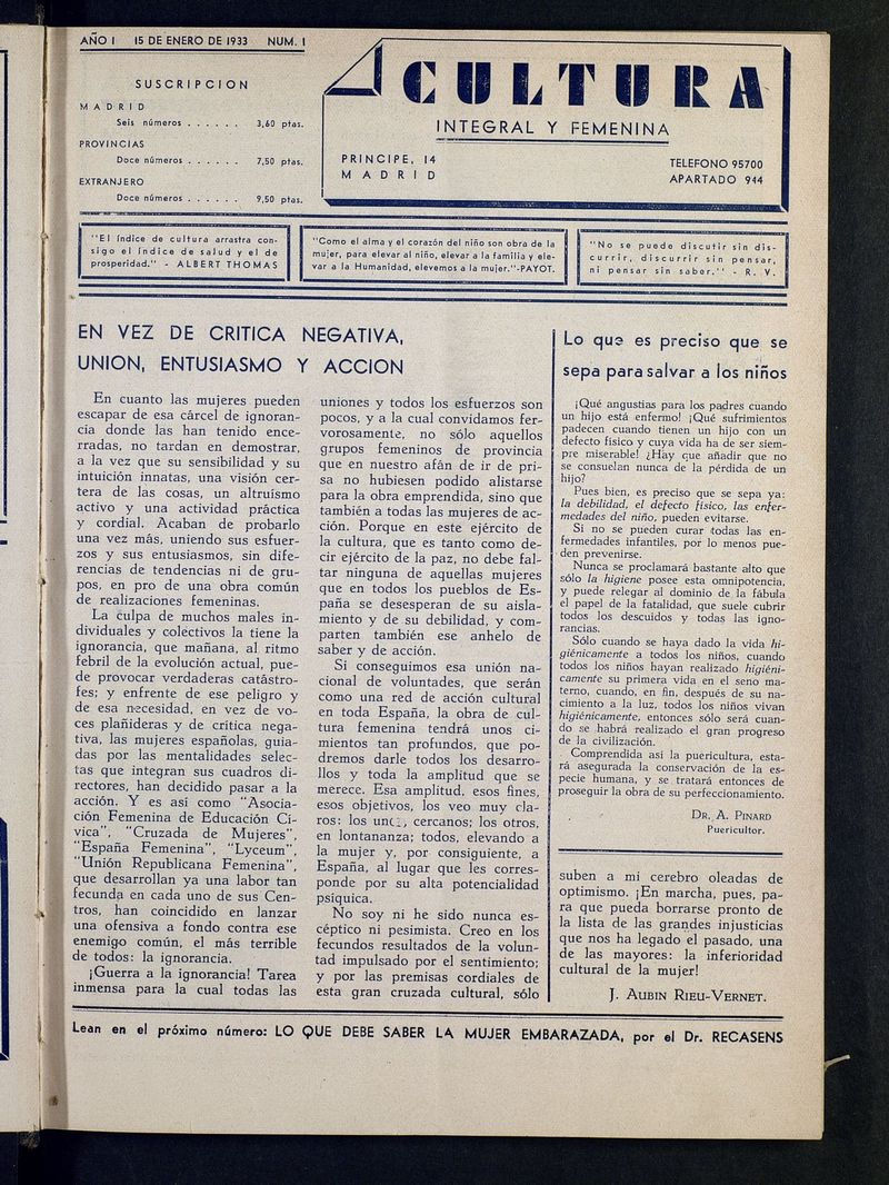 Cultura Integral y Femenina del 15 de enero de 1933