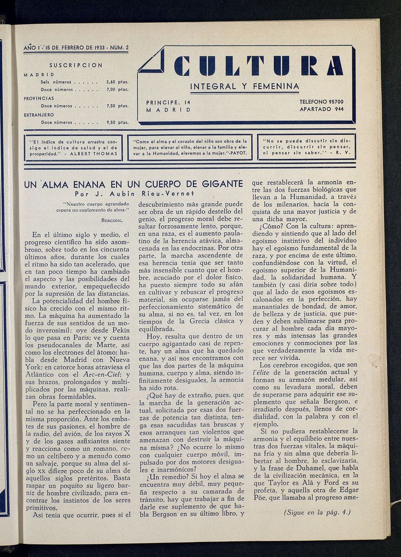 Cultura Integral y Femenina del 15 de febrero de 1933