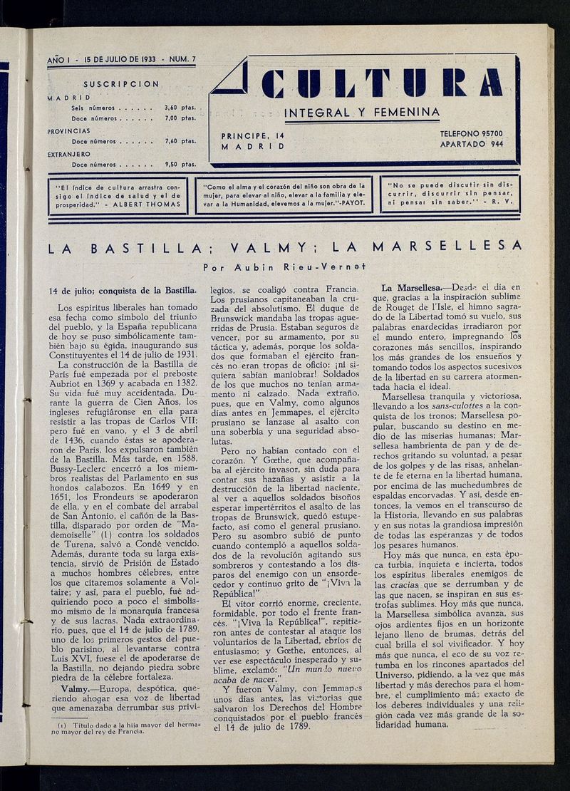 Cultura Integral y Femenina del 15 de julio de 1933