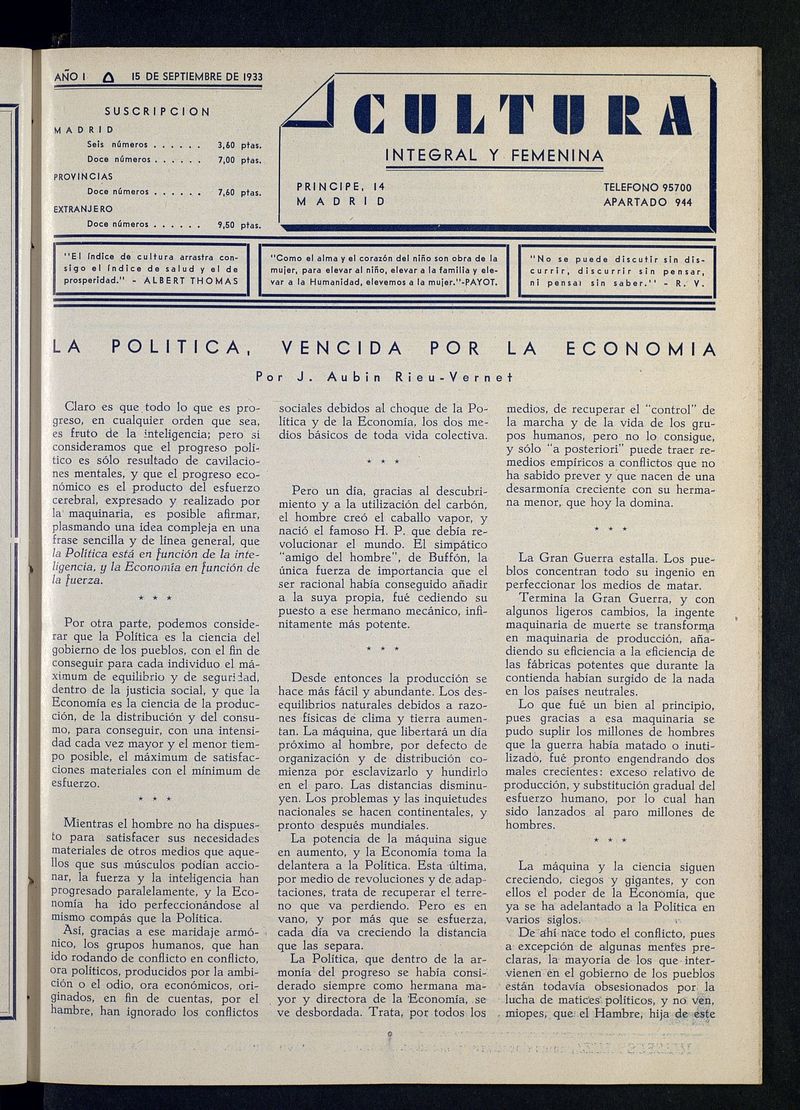 Cultura Integral y Femenina del 15 de septiembre de 1933