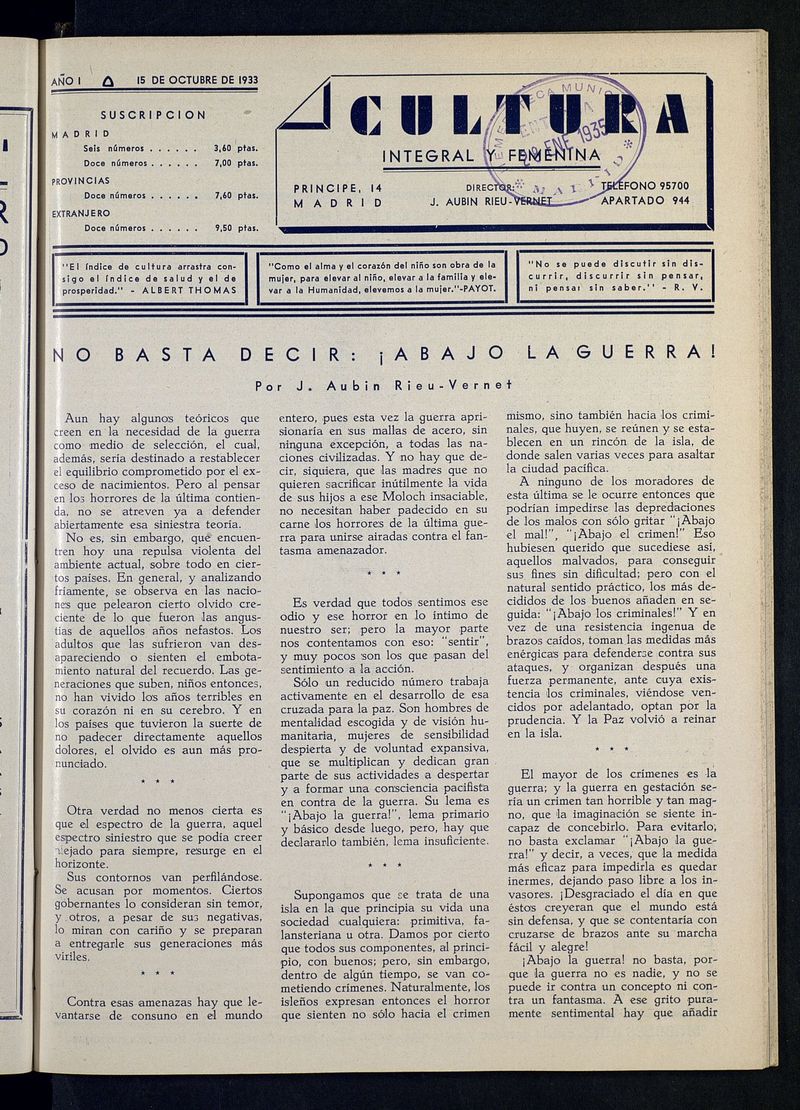 Cultura Integral y Femenina del 15 de octubre de 1933