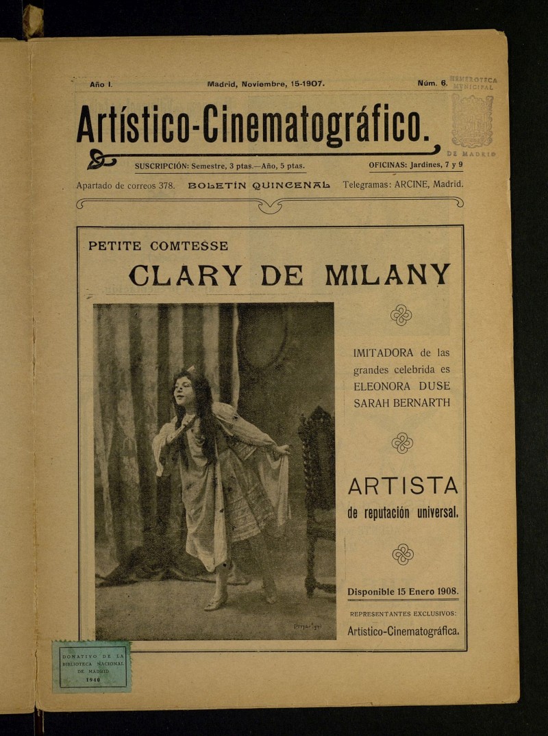 Artstico-Cinematogrfico: Boletn Quincenal del 15 de noviembre de 1907