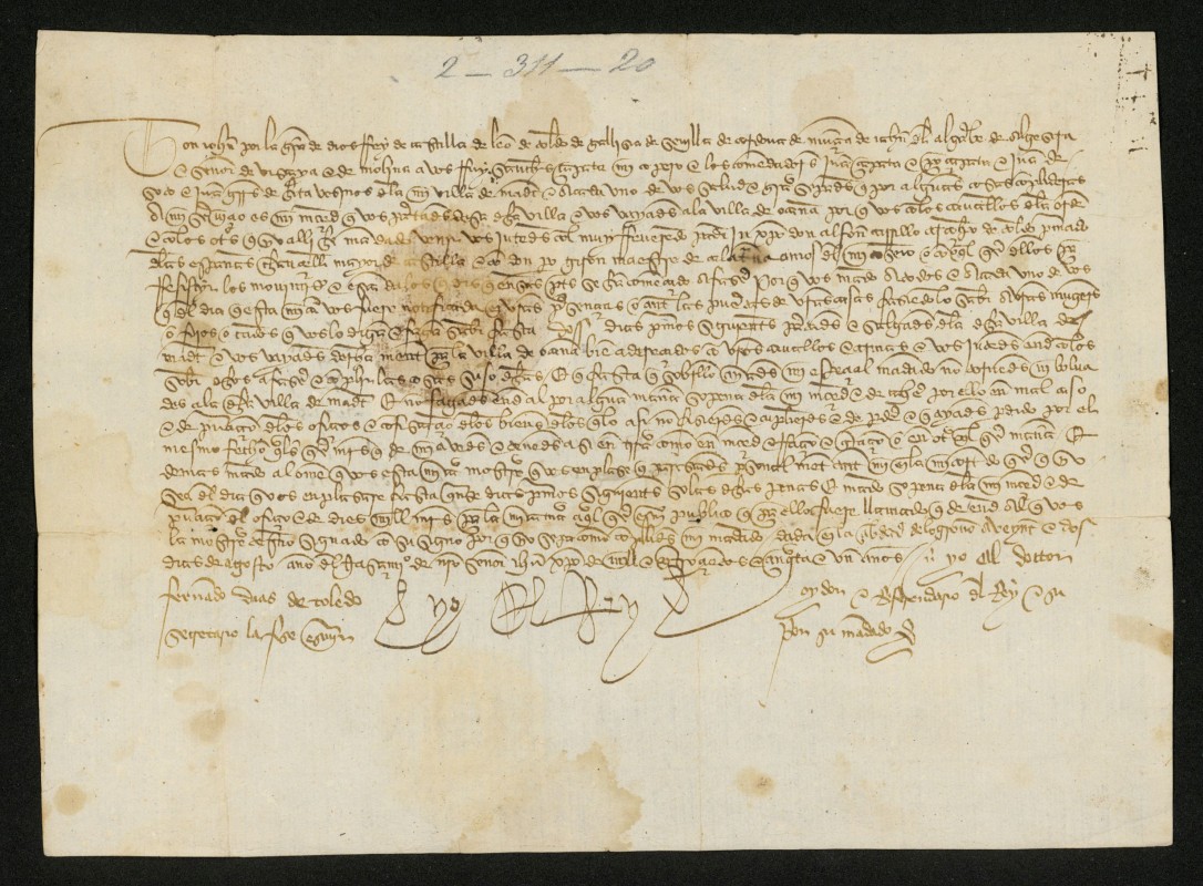 Provisin de Juan II ordenando a Ruy Snchez Zapata, Juan Soto y Juan Gutirrez de Hita, vecinos de Madrid, se renan en Ocaa con los caballeros de la Orden de Santiago y el arzobispo de Toledo, don Alfonso Carrillo y el maestre de Calatrava, Pedro Girn para cortar la rebelin