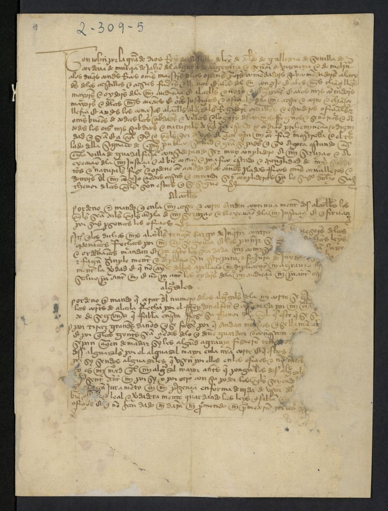 Provisin de Juan II ordenando cumplir las ordenanzas hechas en las Cortes de Guadalajara regulando los oficios de Alcalda, Alguacilazgo, Promotores de Justicia, Crceles, Contadores, Consejo de Justicia, Consejo Secreto, Escribanos de Cmara, Oidores y Alcaldes. Aposentadores, Abogados, Corregidores y Oficios de Regimientos