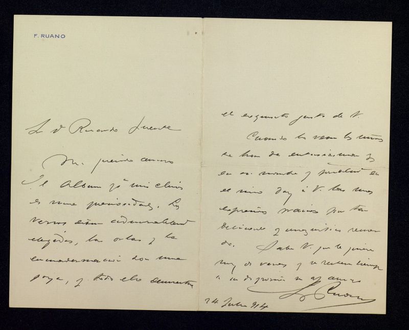 Carta de Francisco Ruano a Ricardo Fuente sobre un lbum que est muy bien encuadernado