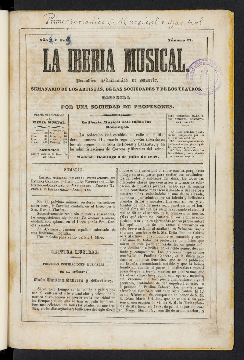 La Iberia Musical del 3 de julio de 1842