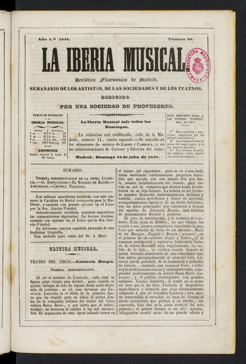 La Iberia Musical del 10 de julio de 1842
