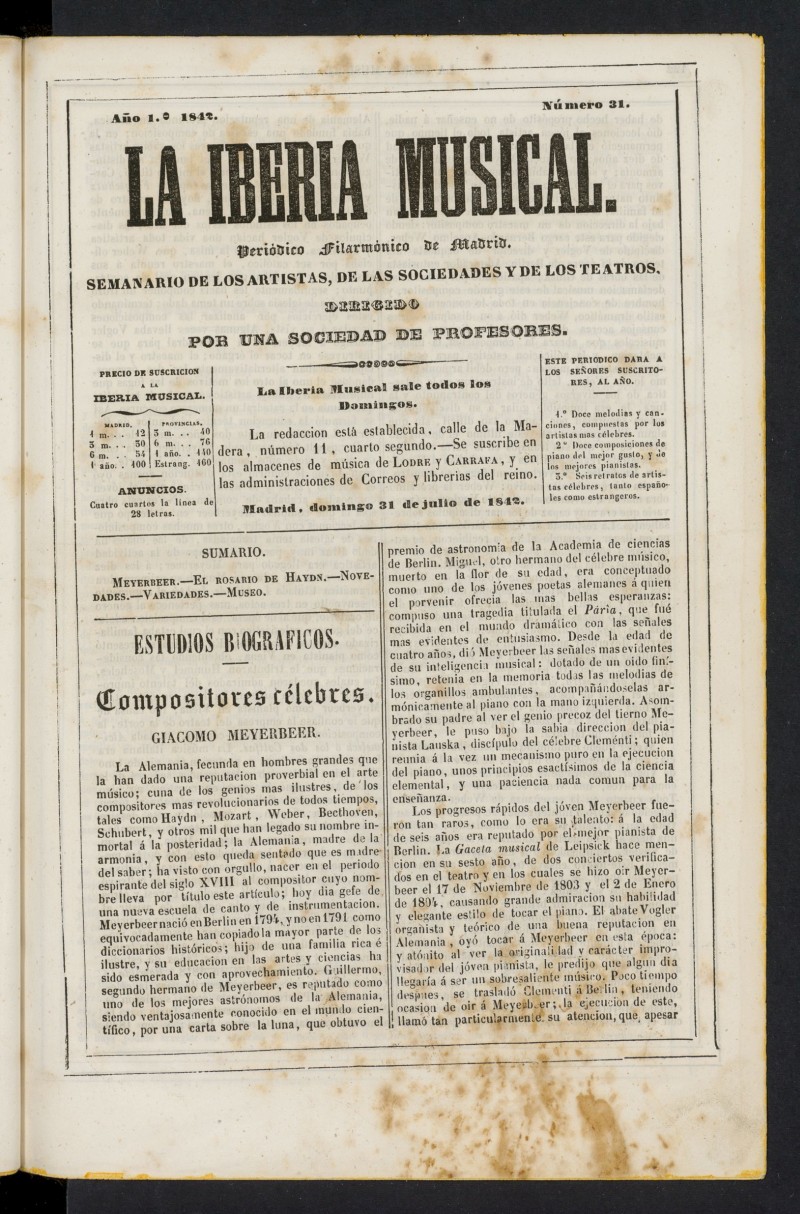 La Iberia Musical del 31 de julio de 1842