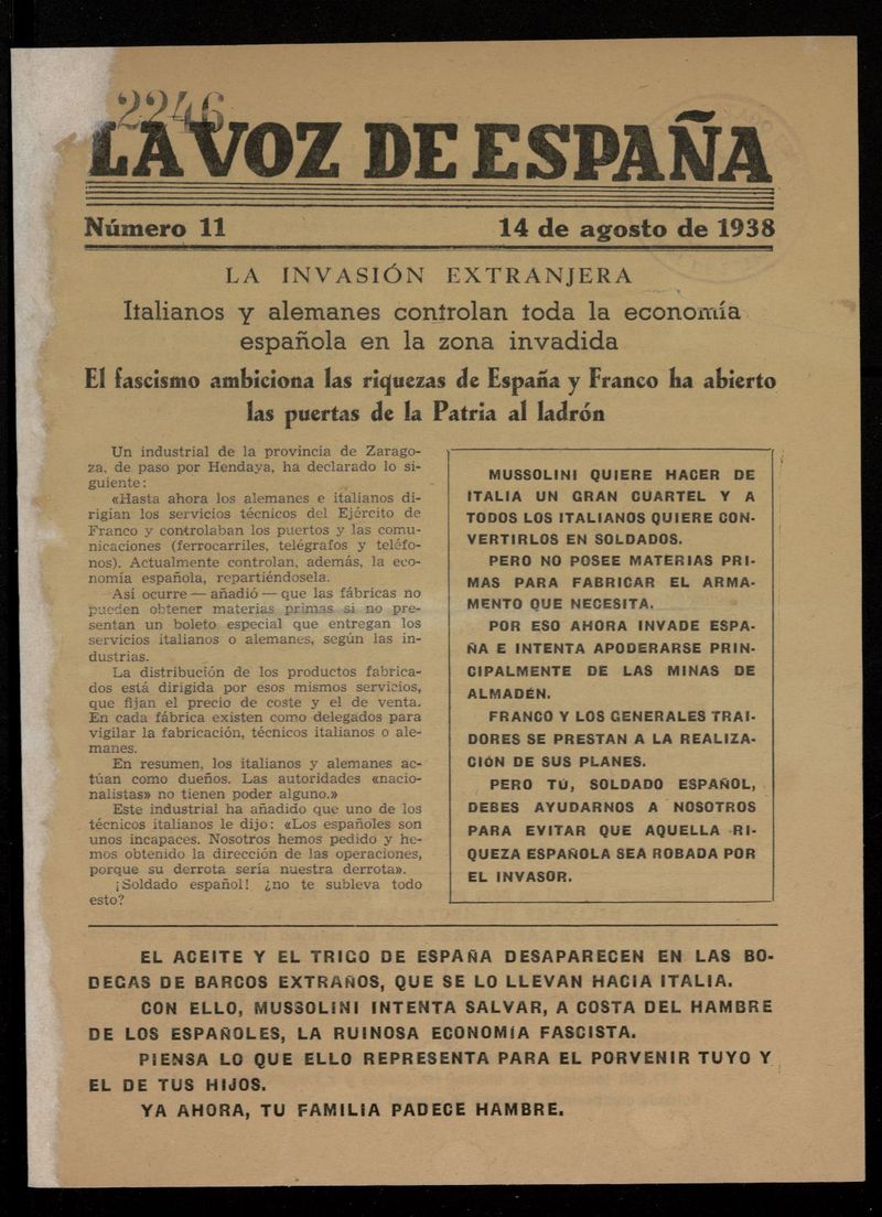 La Voz de Espaa del 14 de agosto de 1938