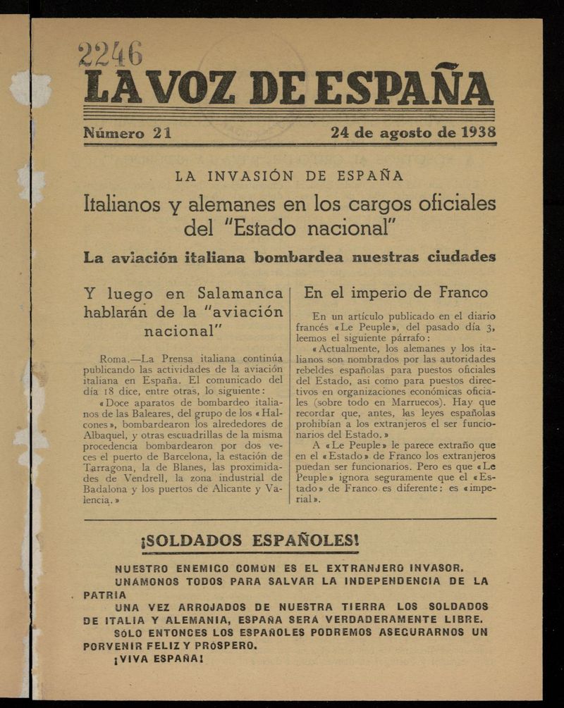 La Voz de Espaa del 24 de agosto de 1938