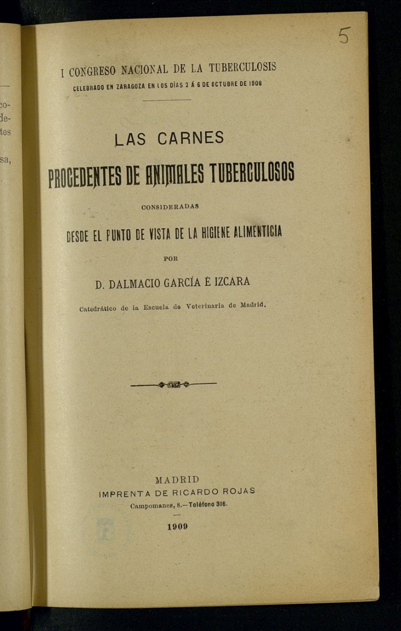 Las carnes procedentes de animales tuberculosos consideradas desde el punto de vista de la higiene alimenticia