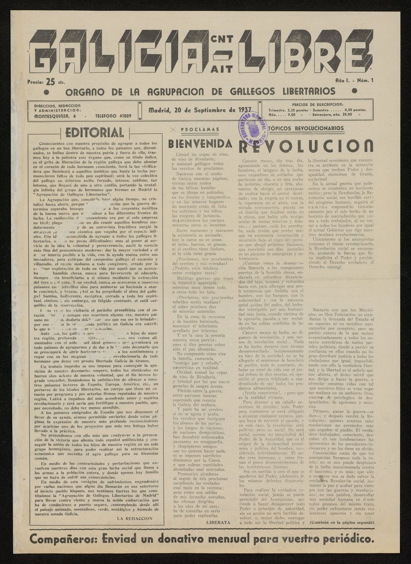 Galicia Libre:: rgano de la Agrupacin de Gallegos Libertarios