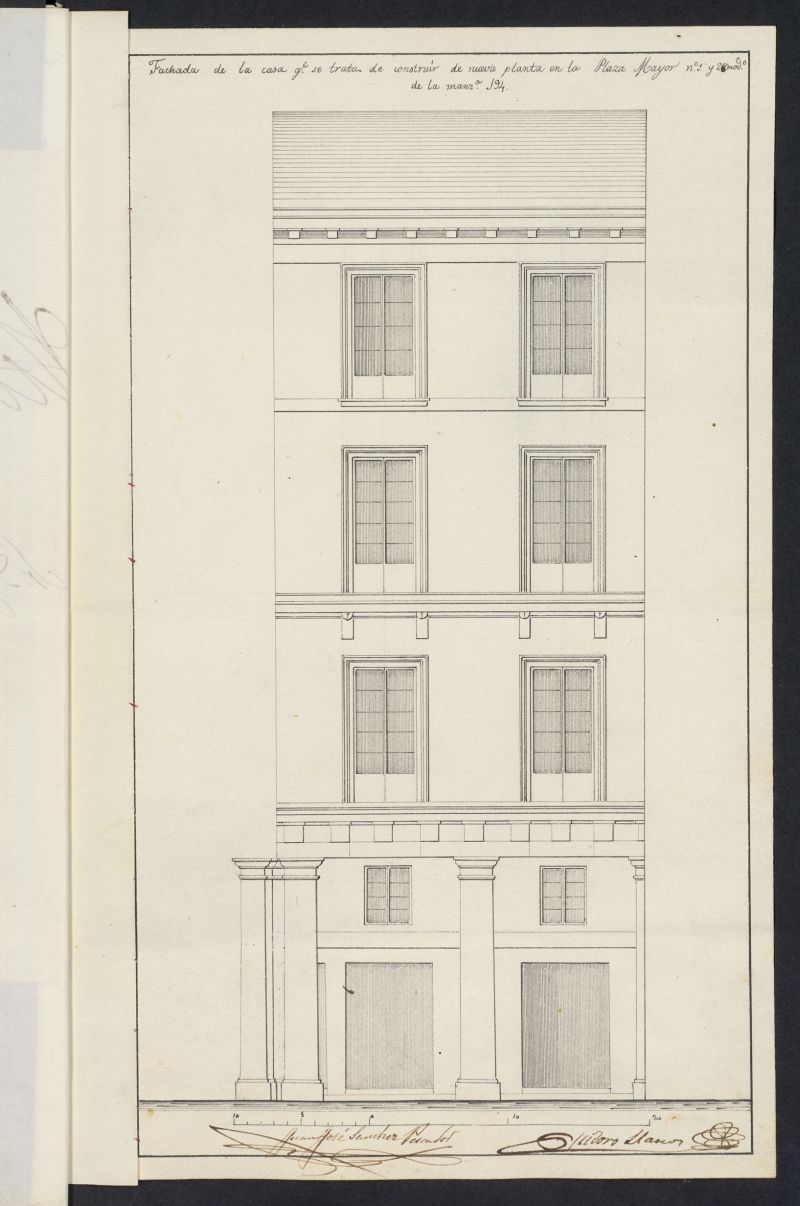 Licencia concedida a Don Miguel Lasa como apoderado de Don Francisco Zabala para construir una casa en la Plaza Mayor 2 (Antiguo), 28 (moderno), Manzana 194 y concesin de una indemnizacin por el exceso de coste de la fachada.