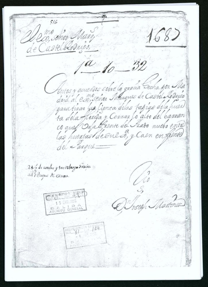Licencia al marqus de Castel Rodrigo para tirar las lneas de las tapias de la Huerta de la Florida, y cercar lo alto del barranco que baja frente del Prado nuevo entre las huertas de S. E. enfrente del Parque, Calle de Leganitos: La Florida de id. y cierre de otro barranco.