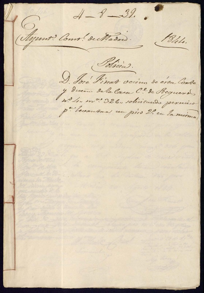 Don Jos Finat, vecino de esta Corte y dueo de la casa de la calle de Regueros, 4, manzana, 326, solicitando permiso para levantar un piso segundo en la misma.