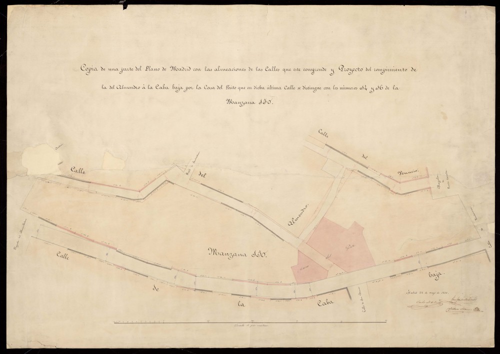 Copia de una parte del plano de Madrid con las alineaciones de las calles que este comprende y proyecto de rompimiento de la del Almendro a la Cava Baja por la Casa del Psito que en dicha ltima calle se distingue con los nmeros 14 y 16 de la manzana 15