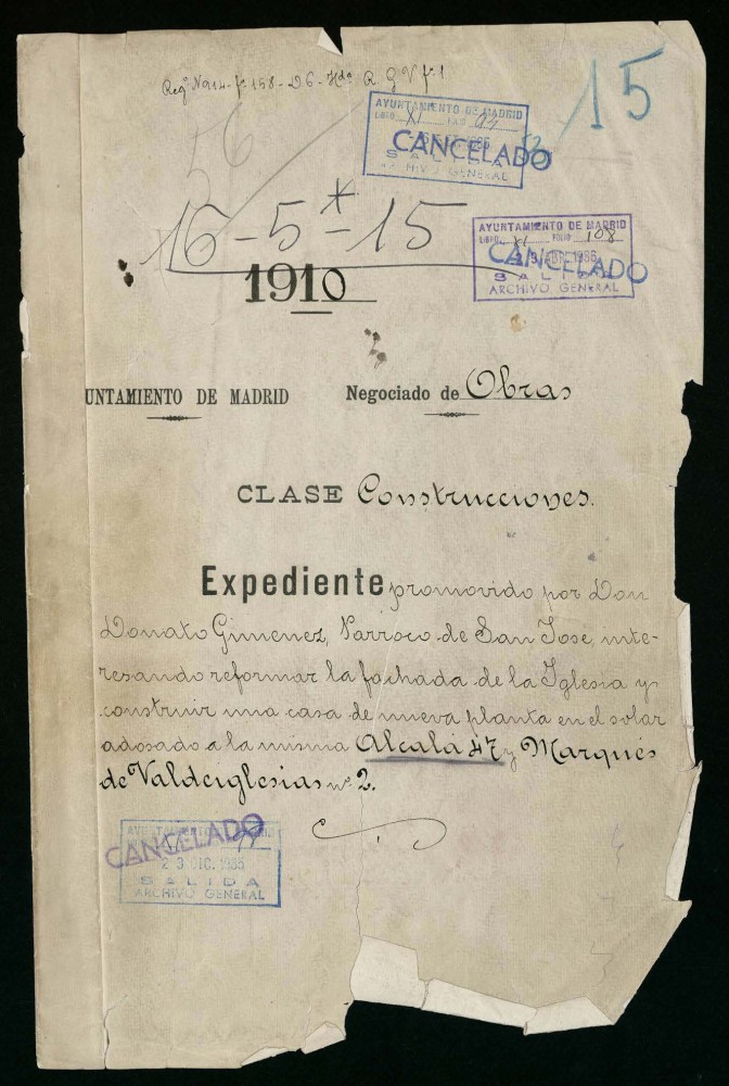Expediente promovido por Don Donato Gimnez, Prroco de San Jos interesando reformar la fachada de la Iglesia y construir una casa de nueva planta en el solar adosado a la misma Alcal 47 y Marqus de Valdeiglesias n 2.