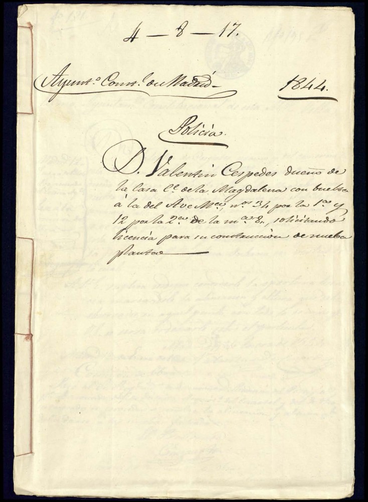 Don Valentn Cspedes dueo de la casa de la calle de la Magdalena con vuelta a la del Ave Mara, nmeros 34 por la primera y 12 por la segunda de la manzana 8 solicitando licencia para su contruccin de nueva planta.