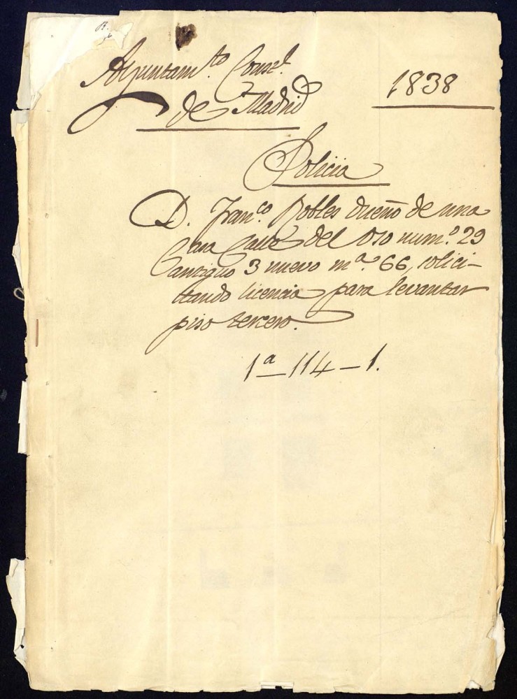 Don Francisco Robles dueo de una casa en la calle del Oso, 29 antiguo y 3 nuevo, manzana 66 solicitando licencia para levantar piso tercero.