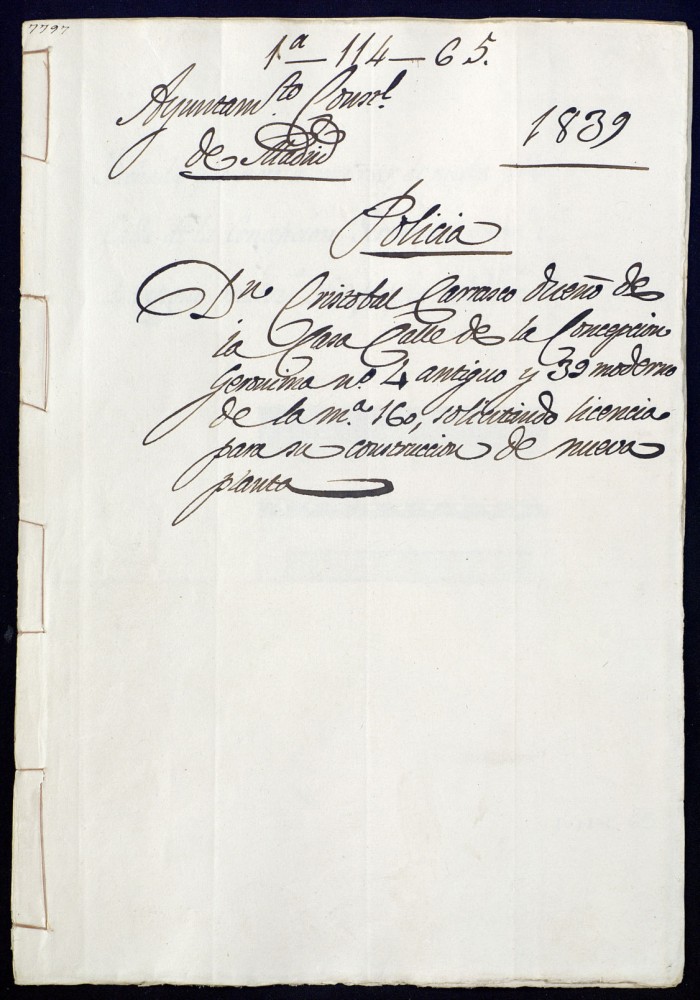 Don Cristbal Carrasco dueo de la casa de la calle de la Concepcin Jernima nmero 4 antiguo y 39 moderno de la manzana 160, solicitando licencia para su construccin de nueva planta.