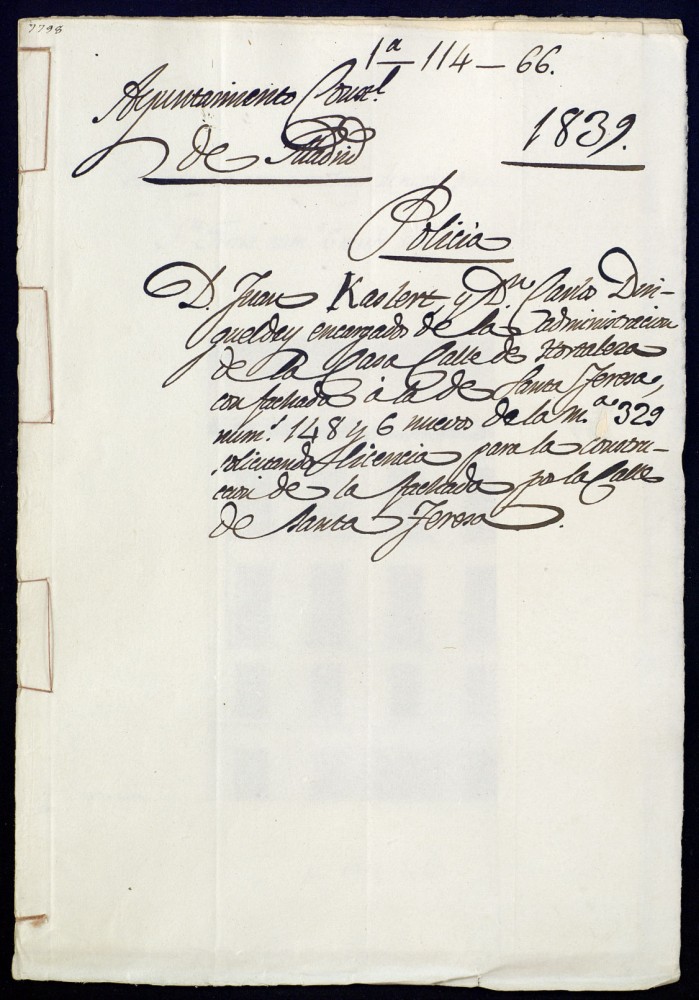 Don Juan Kasler y don Carlos Dingueldey, encargados de la administracin de una casa en la calle de Hortaleza con fachada a la de Santa Teresa, 148 y 6 nuevos de la manzana 329, solicitando licencia para la construccin de la fachada por la calle de Santa Teresa.