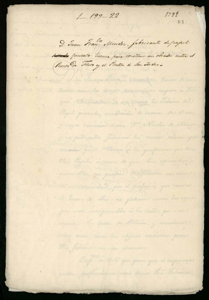 Licencia a Don Juan Francisco Mndez para construir un obrador de papel pintado entre el puente de Toledo y el puente de San Isidro