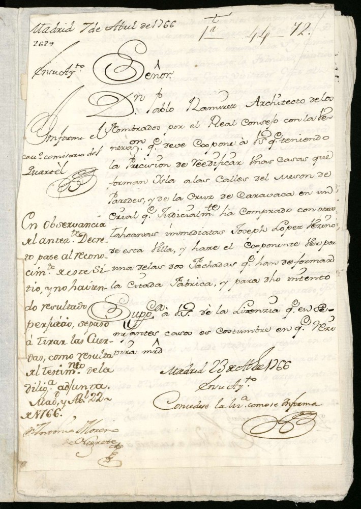 Licencia a Don Pablo Ramrez por Jos Lpez para edificar unas casas en la Calle de Mesn de Paredes y la Cruz de Caravaca