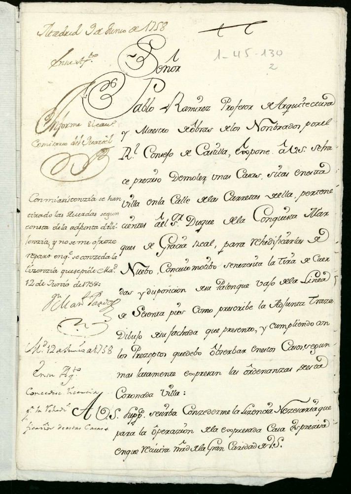 Licencia a Don Pablo Ramírez por el Duque de la Conquista para edificar una casa en la Calle de Carretas.