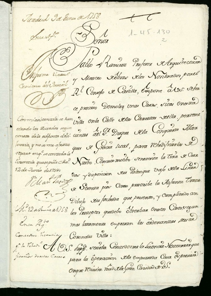 Licencia a Don Pablo Ramrez por el Duque de la Conquista para edificar una casa en la Calle de Carretas.